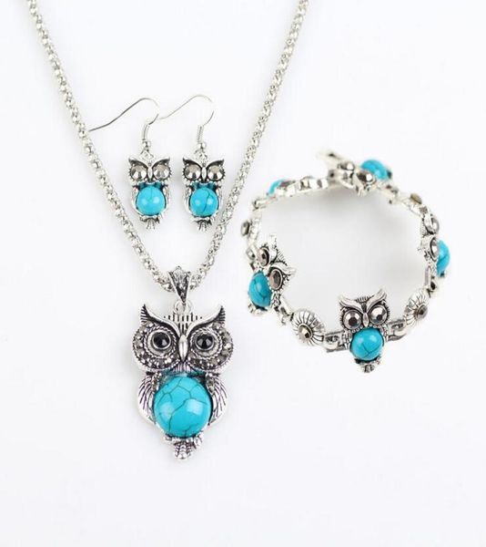 

silver jewelry sets turquoise owls earrings pendant necklaces bracelets set for women girl party gift fashion jewelry whole 072211834