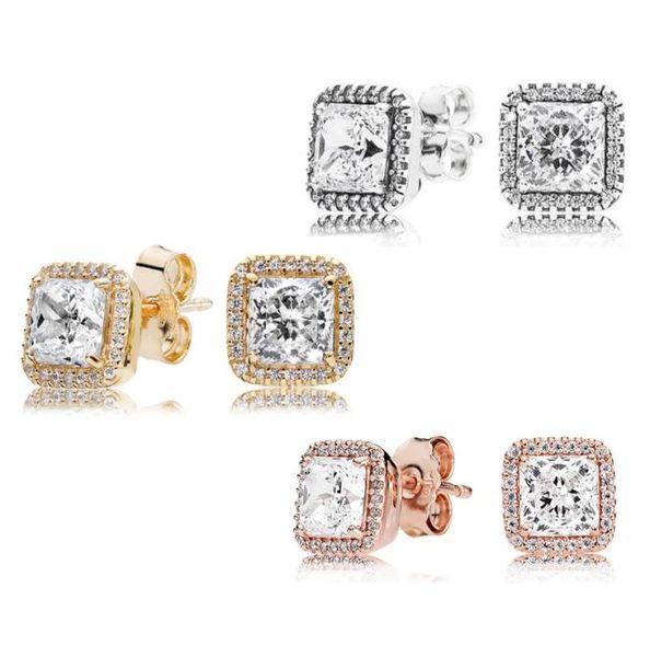 

925 sterling silver square big cz diamond earring fit pandora jewelry gold rose gold plated stud earring women earringsjje0121402868, Golden;silver