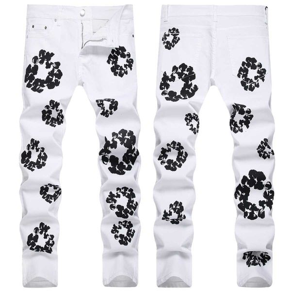 

men's jeans 2023 spring new printed elastic slim fit popular small feet mid waist casual pants, Blue