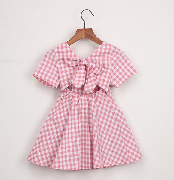 

girl kids clothes dress summer girl kids plaid back hollow out dress kids round collar short sleeve elegant dress 2 colors9783384, Red;yellow