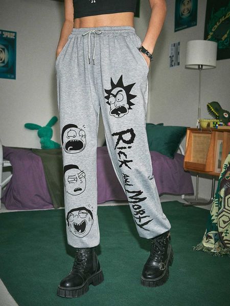 

women's rick and morty | romwe letter graphic drawstring sweatpants, White