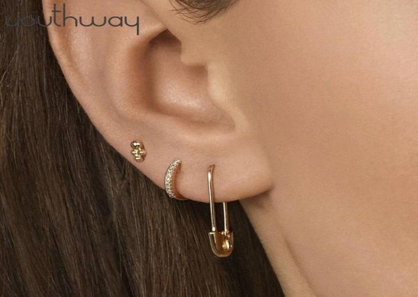 

3 pcs hoop set paperclip safety pin earrings geometric unique rhinestone paved metal flower stud earrings jewelry6977789, Golden;silver