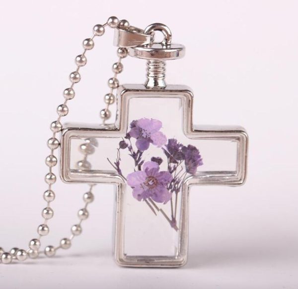 

dried flower pendant necklace beautifully elegant imitation crystal resin choker cross necklace dry flower jewelry fashion glass n1862055, Silver