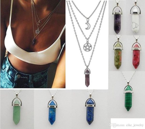 

three layers necklace silver disc star moon with hexagon crystal prism pendant silver plated metal chain fashion necklace3815610