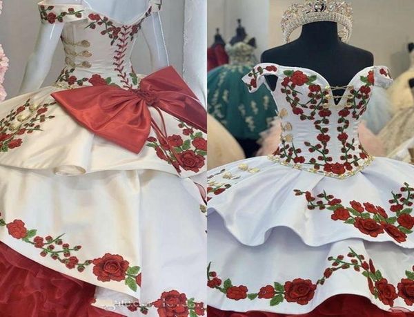 

gorgeous gold red green embroidery quinceanera dresses charro off the shoulder bow tiered satin ball gown prom dress 7th grade swe2382392, Blue;red