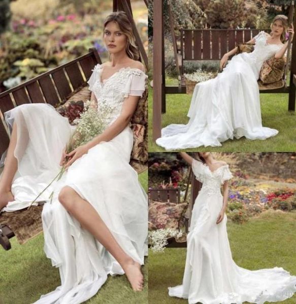 

2020 a line papilio beach wedding dresses off shoulder lace appliqued sweep train boho wedding dress simple bridal gowns robes de 5534314, White