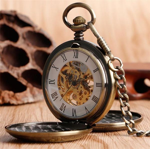 

luxury silverbronzegolden pocket watch vintage skeleton hand winding mechanical watches double hunter case fob pendant chain9562646, Slivery;golden