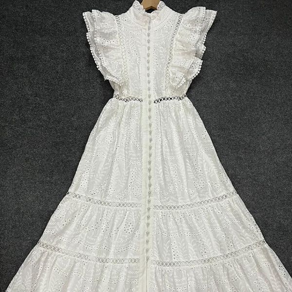 

hollow out midi dress for women 2023 new fashion stand collar flying sleeve dress elegant split white dress, Black;gray