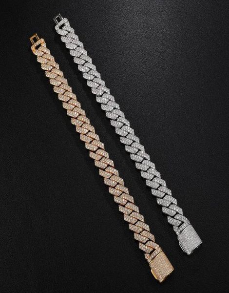 

hip hop 10mm 12mm 14mm 2row cuban prong chain bling iced out box buckle copper cubic zirconia bracelet for men jewelry link6710947, Black