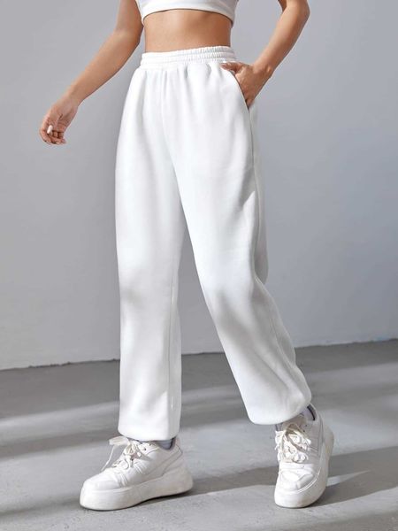 

women's solid elastic waist sweatpants, White