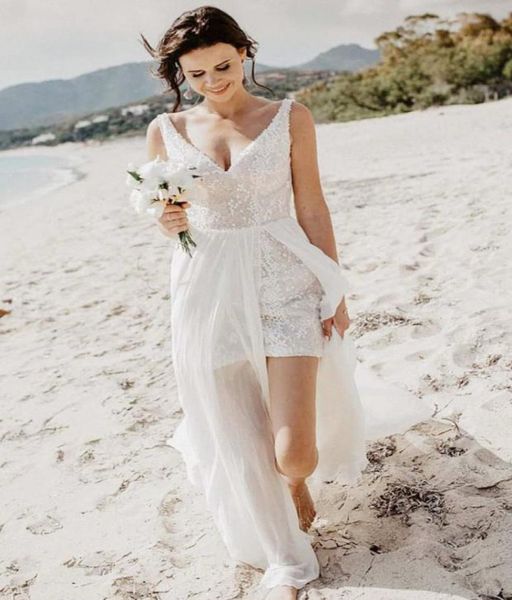 

sparkly exquisite sequin summer beach wedding dresses high low v neck tulle backless bohemian country summer bridal gowns che4667960, White