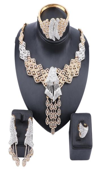 

wedding bridal jewelry set dubai gold color crystal rhinestone women party necklace bangle earring ring african bead jewelry set7375205, Slivery;golden