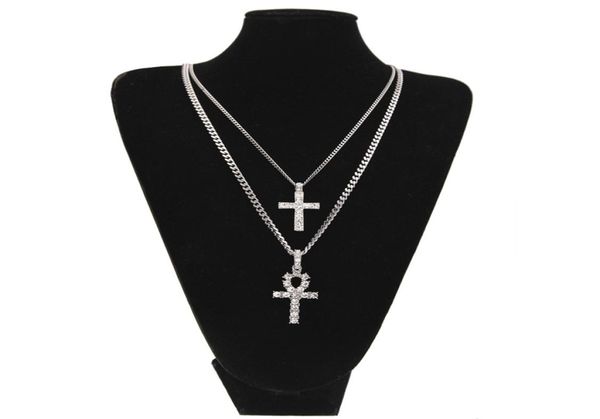 

egyptian ankh with cross pendant necklace set rhinestone crystal key to life egypt cross necklaces hip hop jewelry set9635172, Silver