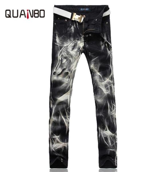 

2019 new fashion men039s wolf printed jeans men slim straight black stretch jeans designer pants nightclubs singer7690843, Blue
