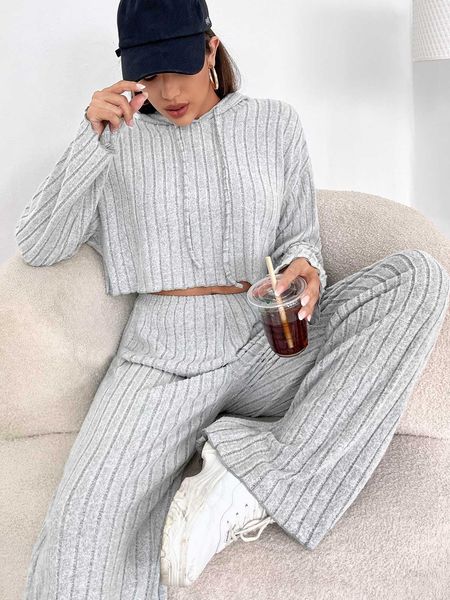 

women's shoulder drawstring crop hoodie wide leg pants, White