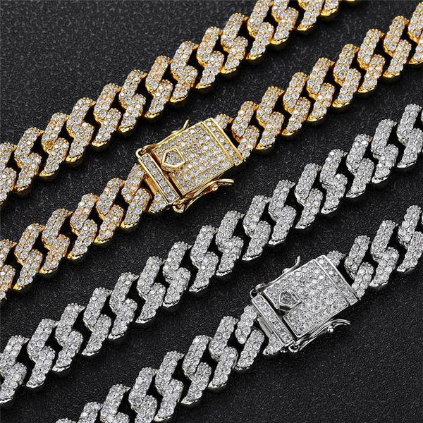 

12mm double row zircon cuban chain 18k gold silver plated mens hip hop necklace