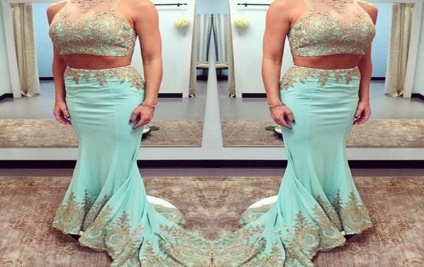 

two pieces dresses party evening gowns sheer neck gold applique mermiad prom dresses sweep train satin celebrity formal homecoming4942178, Black