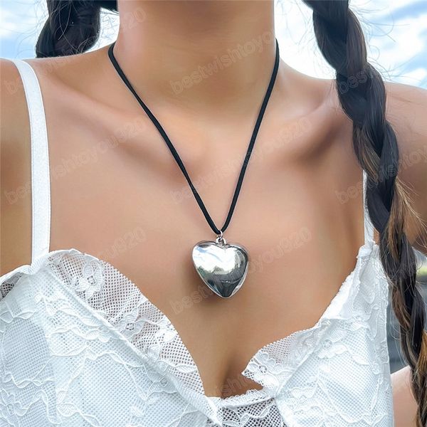 

exaggerated big love heart pendant choker necklace for women black adjustable rope chain jewelry accessories steampunk men, Silver