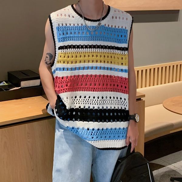 

men' tank fashion y2k knitted vest 2023 streetwear trend striped hollow sleeveless genderless clothing men women harajuku 230715, White;black