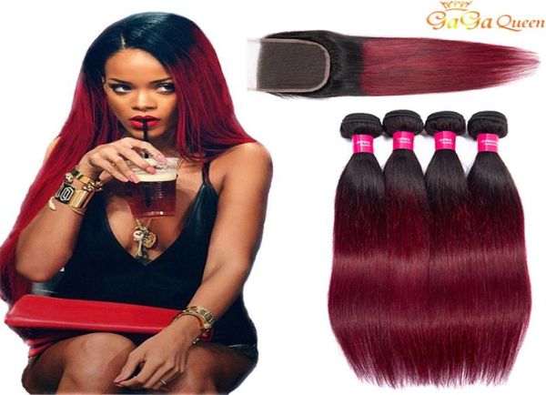 

two tone burgundy human hair bundles virgin peruvian malaysian straight ombre weaves with lace closure 1b 99j wine red colored ext7550033, Black;brown