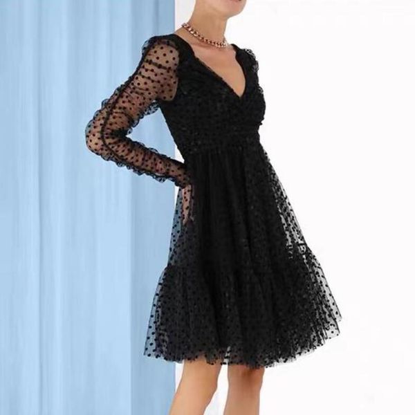 

black dress for women 2023 new fashion dot lace long sleeve autumn dresses elegant chic knee length v neck dress, Black;gray