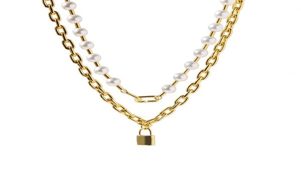 

luxury mens jewelry necklace gold double layer pearl thick chains lock pendant necklaces for women stainless steel punk hip hop5975028, Silver