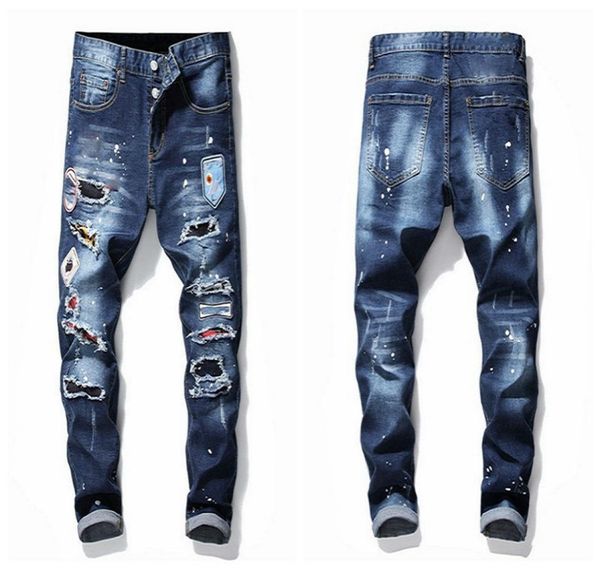 

mens rips stretch black jeans fashion slim fit washed motocycle denim pants panelled hip hop trousers slimfit elastic3269185, Blue