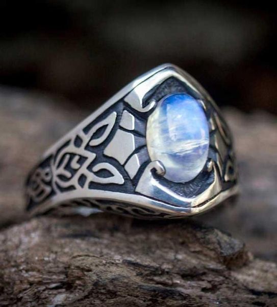 

wedding rings vintage retro carve medieval colorful moonstone ring silver for men nordic celtic male punk jewelry1716020, Slivery;golden