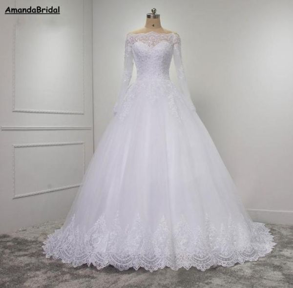 

amandabridal long sleeve lace ball gown wedding desses for bride corset tulle bridal gown plus size wedding gowns9584171, White