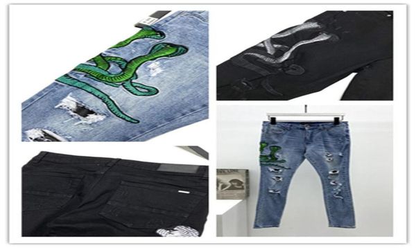 

mens designer blue black jeans snakes patch style hole fashion slimleg motorcycle biker causal hip hop us size 29405104786