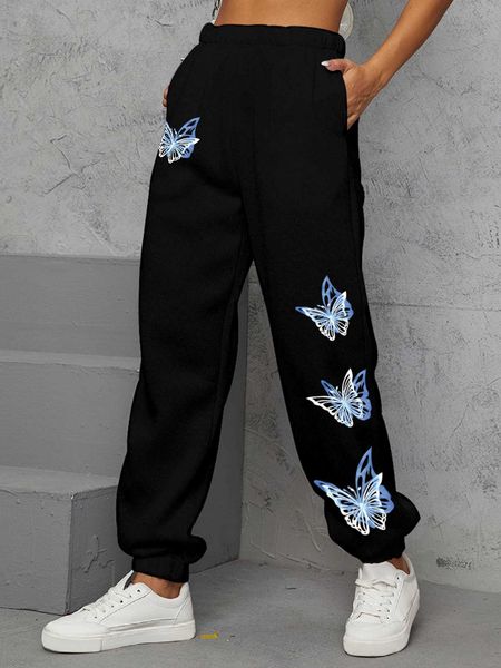 

women's butterfly elastic waist sweatpants, White
