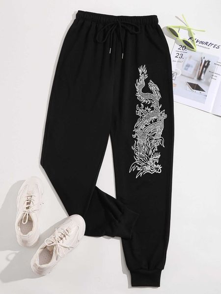 

women's chinese dragon graphic drawstring waist sweatpants, White