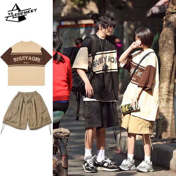 

mens tracksuits japanese summer loose suit men women crewneck panels monogramprint short sleevesquickdrying straightleg cargo shorts 230715, Gray