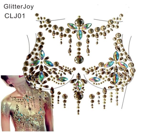 

clj01 1pc big unique chest bling rhinestone gem cluster self adhesive stick on jewels fiesta or carnival body decor6341050