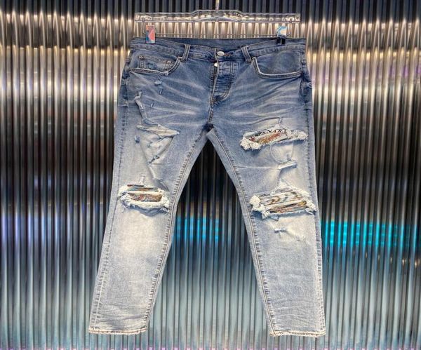 

mens jeans pants long skinny destroy the quilt ripped hole designer jean men designers clothes2921527, Blue