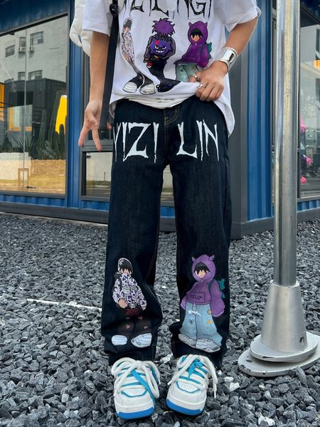 

women s jeans american comic printed national trend european and straight 2023 loose retro fashion trousers 230715, Blue