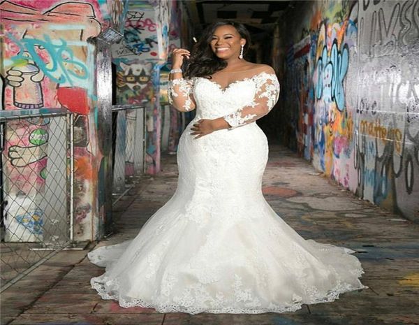 

plus size mermaid wedding dresses sheer bateau neck appliqued lace long sleeves bridal gowns sweep train wedding dress robes de ma8535993, White
