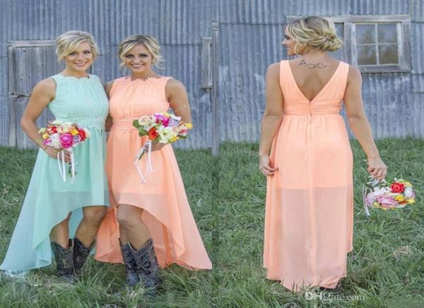 

pleated chiffon high low bridesmaid dresses with v back country lace wasit maid of honor wedding party dress9102902, White;pink