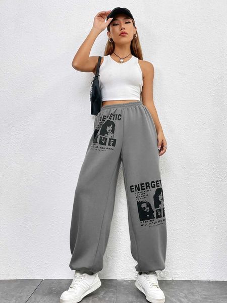 

women's figure slogan graphic elastic waist sweatpants, White