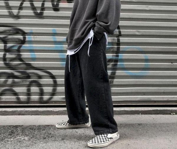 

mens solid denim jeans trousers trendy loose ins handsome ninepoint pants male drape wideleg straight pants3249771, Blue