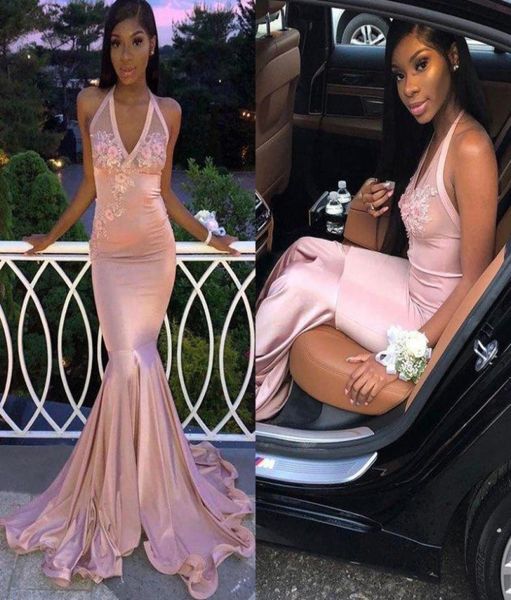 

sweep train silk like satin mermaid prom dresses v neck backless lace applique african evening gowns bc36217213678, Black