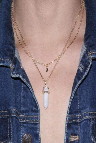 

long gold moon chains necklaces for women men fashion hexagonal column natural crystal pendants stone necklace jewelry gift 2187814, Silver