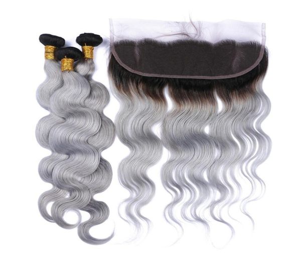 

dark root 1bgrey ombre brazilian human hair weaves body wave with 13x4 full lace frontal closure ombre silver grey virgin hair 35743614, Black;brown
