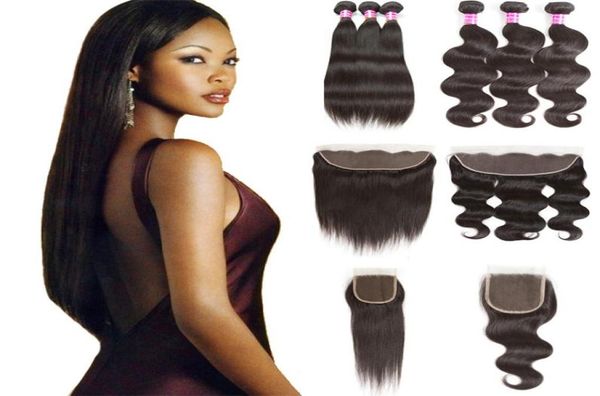 

raw indian virgin human hair bundles with closure 10a straight extensions unprocessed body wave hair weaves with frontal bulk orde6444436, Black;brown