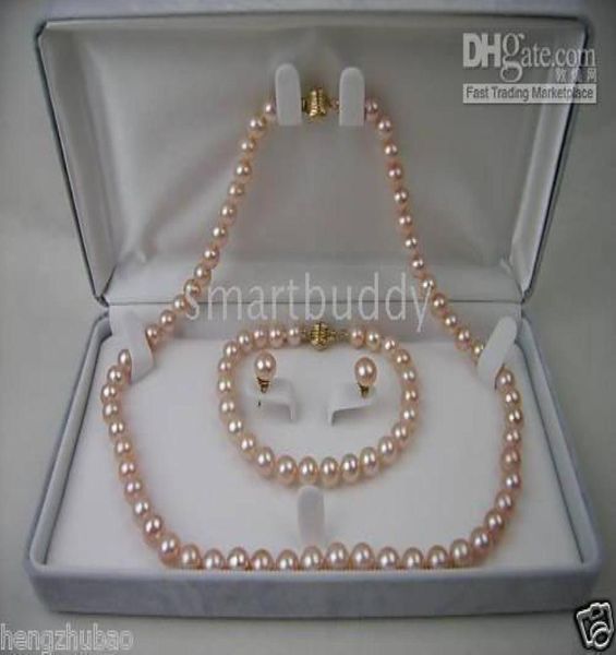 

fine natural 78mm akoya pink pearl necklace bracelet earrings set 14k8447138, Black