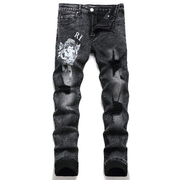 

mens new designer jeans distressed ripped biker slim fit motorcycle bikers denim for men fashion mans pants, Blue