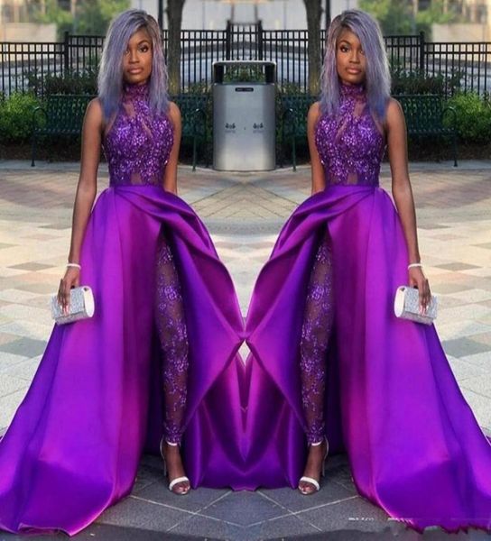 

2020 purple jumpsuits prom dresses with detachable train high neck lace appliqued bead evening gowns luxury african party women pa4424269, Black