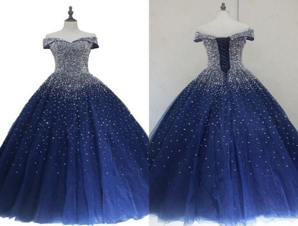 

navy blue quinceanera dresses bling beaded off the shoulder corset back aline sweet 16 dress tulle prom dress formal women pagean5391519, Black