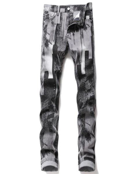 

mens fashion abstract art stretch slim straight jeans teenagers digital 3d printed gray black jeans denim pants8670033, Blue