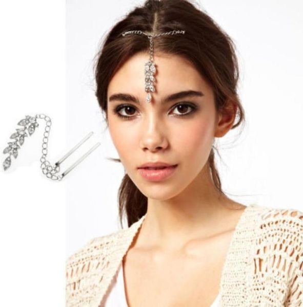 

bride hair pin cuff wrap silver crystal leaf pendant forehead chains indian head jewelry headband9233594, Golden;silver
